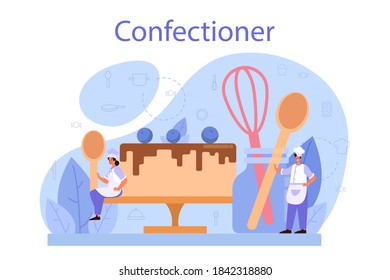 Confectioner concept. Professional confectioner chef. Sweet baker cooking pie for holiday, cupcake, chocolate brownie. Isolated flat vector illustration