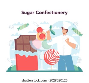 Confectioner concept. Professional pastry chef. Sweet baker cooking pie for holiday, cupcake, chocolate brownie. Isolated flat vector illustration
