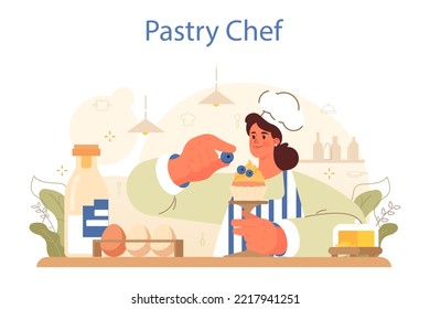 Confectioner concept. Professional pastry chef making sweets. Baker cooking a cake for holiday or celebration, cupcakes with frosting and candies. Flat vector illustration