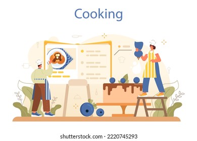 Concepto de pastelería. Chef de pastelería profesional haciendo dulces. El panadero prepara un pastel para las vacaciones o la celebración, bizcochos con helados y caramelos. Ilustración vectorial plana