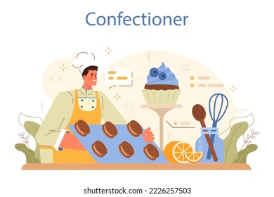 Confectioner concept. Professional pastry chef making sweets. Baker cooking a cake for holiday or celebration, cupcakes with frosting and candies. Flat vector illustration