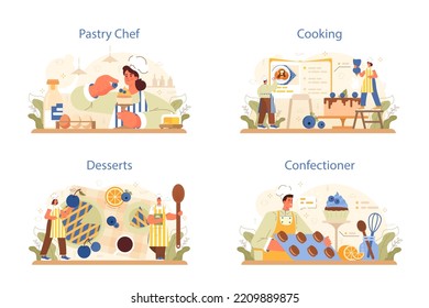 Confectioner concept set. Professional pastry chef making sweets. Baker cooking a cake for holiday or celebration, cupcakes with frosting and candies. Flat vector illustration