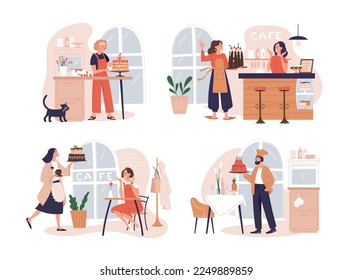 Confectioner, cook, cake, pastries. Girl confectioner prepares a cake. Male cook with a birthday cake. Cafe, bar counter, kitchen. Concept. Vector image.