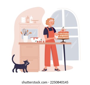 Confectioner, cook, cake, pastries. Girl confectioner prepares a cake. Concept. Vector image.