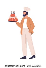 Confectioner, cook, cake, pastries. Male cook with a birthday cake. Vector image.