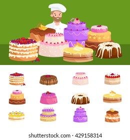 Confectioner cook chef cartoon character with cake. Vector illustrations set