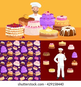 Confectioner cook chef cartoon character with cake. Vector illustrations set
