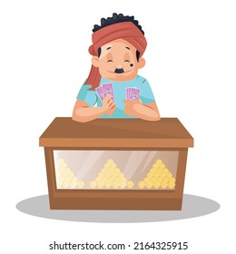 Confectioner is counting money on desk. Vector graphic illustration.  Individually on a white background.