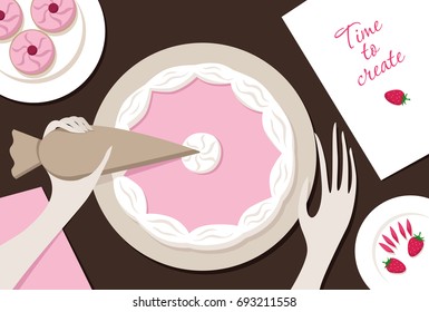 Confectioner decorate cake. Top view illustration