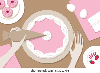 Confectioner decorate cake. Top view illustration
