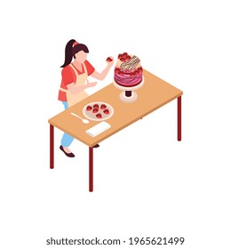 Confectioner decorating cake with berries isometric vector illustration