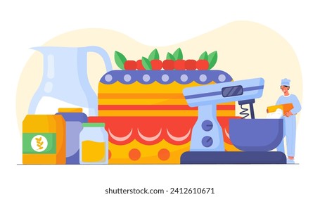 Cajero con comida. Hombre con sombrero blanco con torta y aceite. Postre y delicadeza y fresas. Pastelería y panadería caseras. Dibujo vectorial plano de dibujos animados aislado en fondo blanco