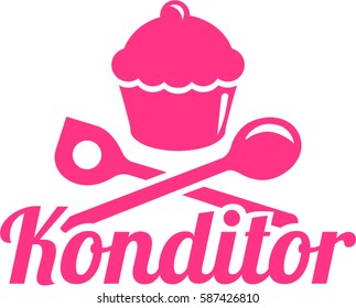 Confectioner german job title with cupcake and tools