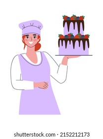 A confectioner girl in uniform holds a tall cake with berries in her hand. Professional work. Home confectioner. Flat vector illustration. Eps10