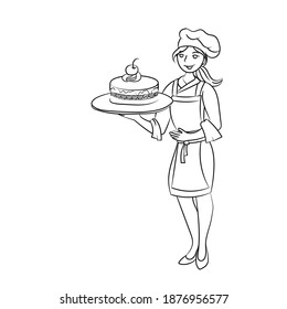 Confectioner girl with the wedding cake, hand drawn outline character
