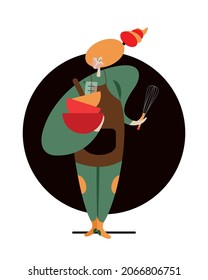 Confectioner Girl, Woman, Female Branding Design. Cooker, Chef With Whisk And Bowls At Hands, Full Body.