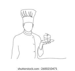 The confectioner has baked a cake and is pleased with his work. Professional. One line drawing. For different uses. Abstract peace of cake vector illustration.  
 Hand made vector not Al 
