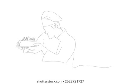 The confectioner has baked a cake and is pleased with his work. Professional. One line drawing. For different uses. Vector illustration. 
 Hand made vector not Al
