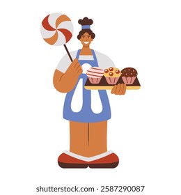 Confectioner holding cupcake tray and big lollipop, illustration in flat style 
