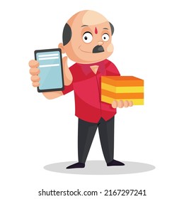 Confectioner holding mobile and sweets boxes in hand for online booking. Vector graphic illustration. Individually on a white background.