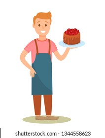 Confectioner Holding Tasty Cake Cartoon Character  Male Baker Flat Vector Illustration  Man in Apron and serving Tray   Dessert  Bakery  Confectionery  Pastry Shop Isolated Design Element
