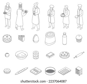 Confectioner icons set. Isometric set of confectioner vector icons outline on white thin line collection