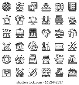 Iconos de pastelería establecidos. Conjunto de esquemas de iconos vectoriales de confitería para diseño web aislados en fondo blanco