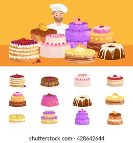 confectioner Illustration of sweet baked vector isolated cakes set. Strawberry icing pie for holiday, cupcake, brown chocolate cake gourmet, colorful birthday celebration cherry brownie bakery