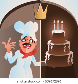 confectioner Illustration of sweet baked vector isolated cakes set. Strawberry icing pie for holiday, cupcake, brown chocolate cake gourmet, colorful birthday celebration cherry brownie bakery