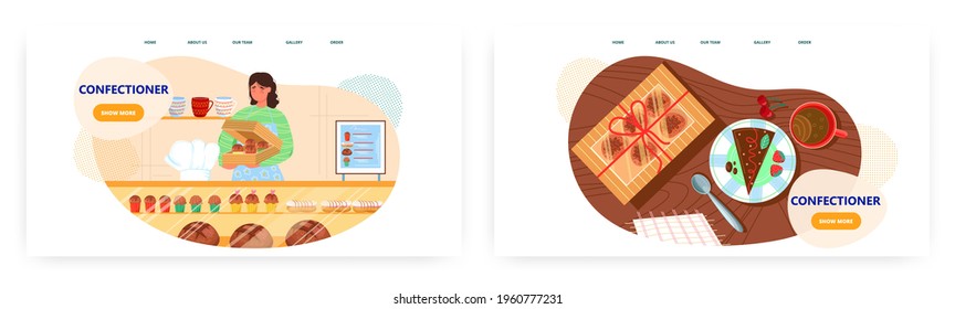Confectioner landing page design, website banner vector template set. Baker selling cakes, muffins. Bakery, cake shop.