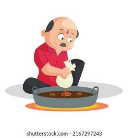 Confectioner is making sweets in a big pot. Vector graphic illustration. 
Individually on a white background. 