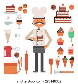 Confectioner man with cakes and pies ice cream and tools or accessories flat color concept vector illustration