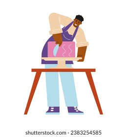 Confectioner man near table, vector illustration on white background. Male character making a cake or sweet dessert. Baker guy or pastry chef prepare big pink pie. Simple flat cartoon style.