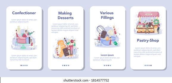 Confectioner mobile application banner set. Professional confectioner chef. Sweet baker cooking dessert for holiday. Sweets store and preparation. Isolated flat vector illustration