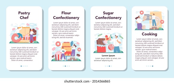 Confectioner mobile application banner set. Professional pastry chef. Sweet baker cooking pie for holiday, cupcake, chocolate brownie. Isolated flat vector illustration