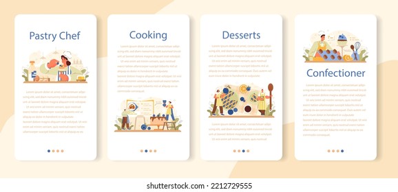 Confectioner mobile application banner set. Professional pastry chef making sweets. Baker cooking a cake for holiday or celebration, cupcakes with frosting and candies. Flat vector illustration