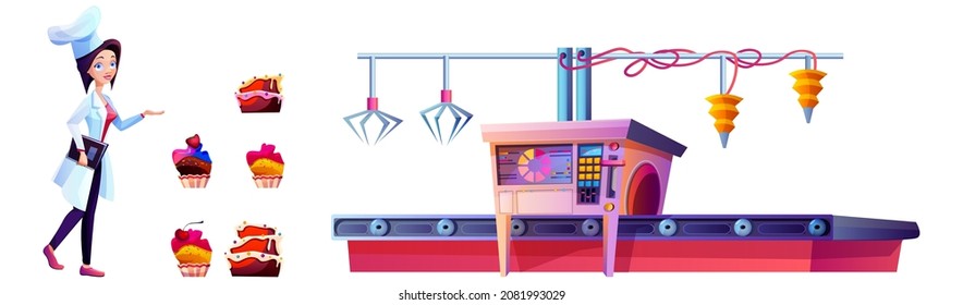Confectioner on candy factory and cake production line isolated on white background. Cartoon conveyor belt with confectionery products and cupcakes. Manufacturing process of sweet food cooking.