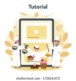 Confectioner online service or platform. Online baking tutorial. Professional confectioner chef cooking pie for holiday. Isolated flat vector illustration