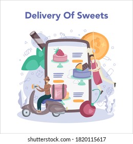 Confectioner online service or platform. Professional confectioner chef. Sweet baker cooking dessert for holiday. Delivery. Isolated flat vector illustration