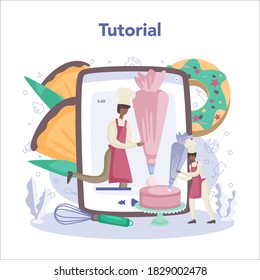 Confectioner online service or platform. Professional confectioner chef. Sweet baker cooking dessert for holiday. Online tutorial. Isolated flat vector illustration