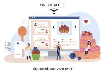 Confectioner online service or platform. Professional confectioner chef. Sweet baker cooking pie for holiday. Online recipe. Isolated flat vector illustration