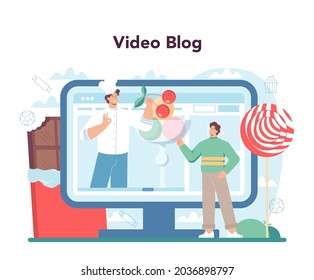 Confectioner online service or platform. Professional pastry chef. Sweet baker cooking pie, cupcake, chocolate brownie. Video blog. Flat vector illustration