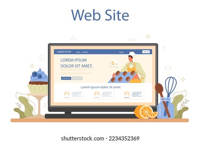 Confectioner online service or platform. Professional pastry chef making sweets. Baker cooking a cake, cupcakes with frosting and candies. Website. Flat vector illustration