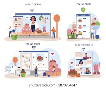 Servicio en línea o conjunto de plataformas de pastores. Chef profesional de confitería. Pastel de pan dulce para las vacaciones. Cocina en línea, tienda, receta, video tutorial. Ilustración vectorial plana aislada