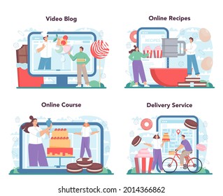 Confectioner online service or platform set. Professional pastry chef. Sweet baker cooking pie, cupcake, chocolate brownie. Online recipe, course, video blog, delivery. Flat vector illustration