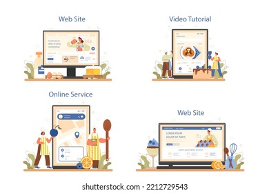 Confectioner online service or platform set. Professional pastry chef making sweets. Baker cooking a cake, cupcakes with frosting and candies. Video tutorial, website. Flat vector illustration