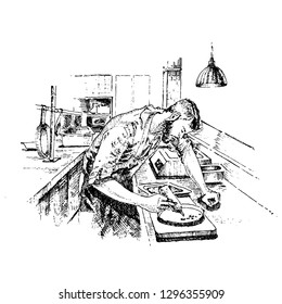 A confectioner prepares a cake in the kitchen. Engraving.