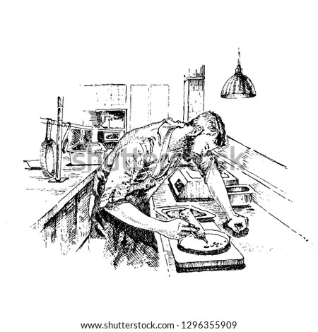 A confectioner prepares a cake in the kitchen. Engraving.