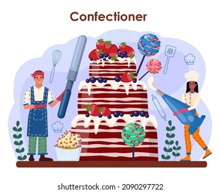 Confectioner. Professional confectioner chef making different sweets. Baker cooking a cake for holiday or celebration, cupcakes with frosting and candies. Flat vector illustration