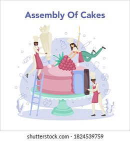 Confectioner. Professional confectioner chef. Sweet baker cooking dessert for holiday. Sweets store and preparation. Isolated flat vector illustration